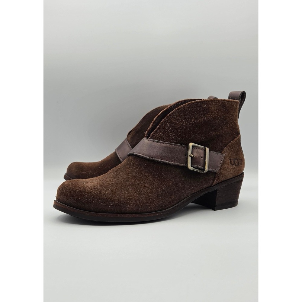 UGG Wright Women Ankle Boots Size 6.5 Brown Suede Belted Shearling 1014184